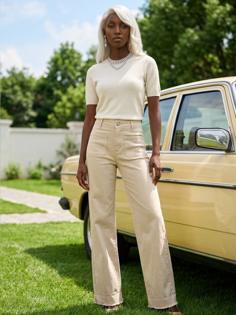 Oat New York Wide-Leg Jeans in Light Beige
